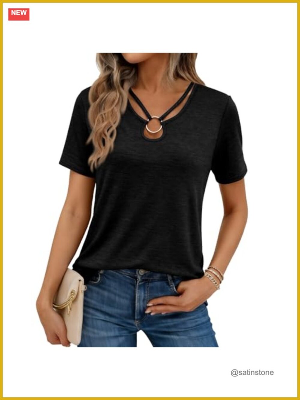 Womens Casual Cutout Keyhole Neck Short Sleeve Tee Shirt Stretch Knit